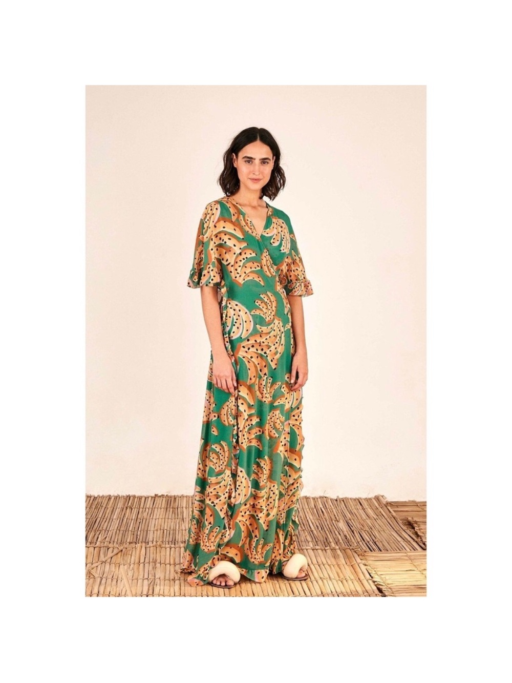 FARM Rio Raining Bananas Green Wrap Maxi Dress with Mustard Banana Print